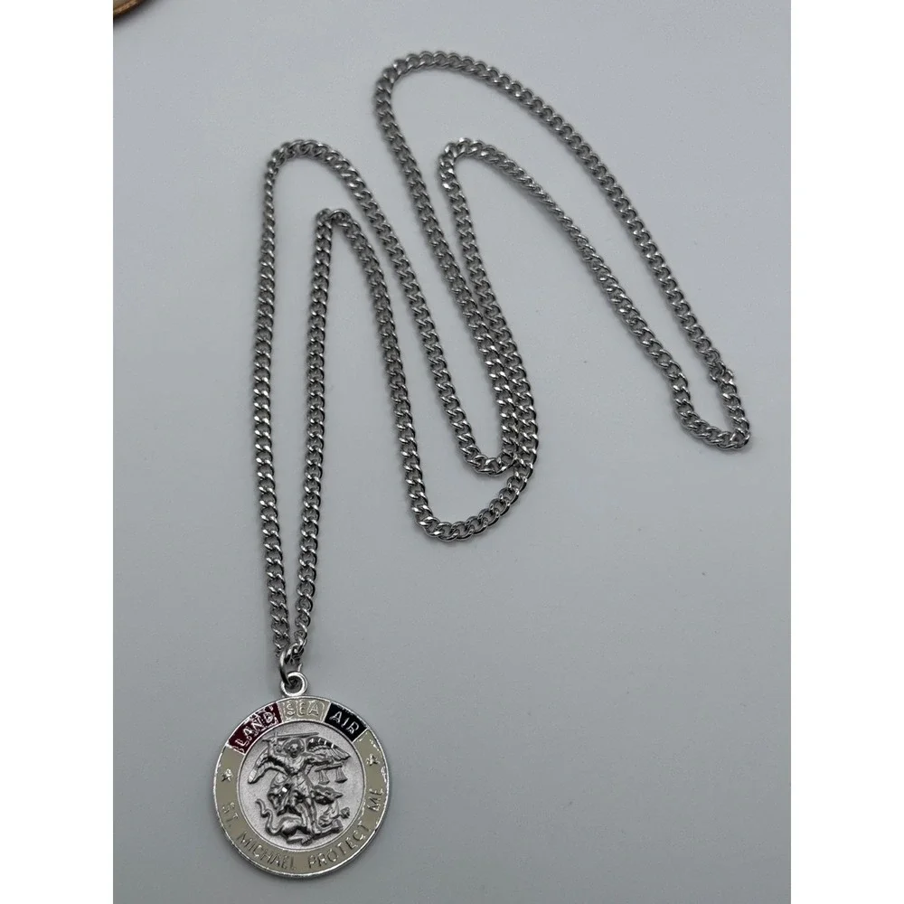 Sterling Silver Enamel St Michael Protect Me Land Sea Air Saint Medal Pendant